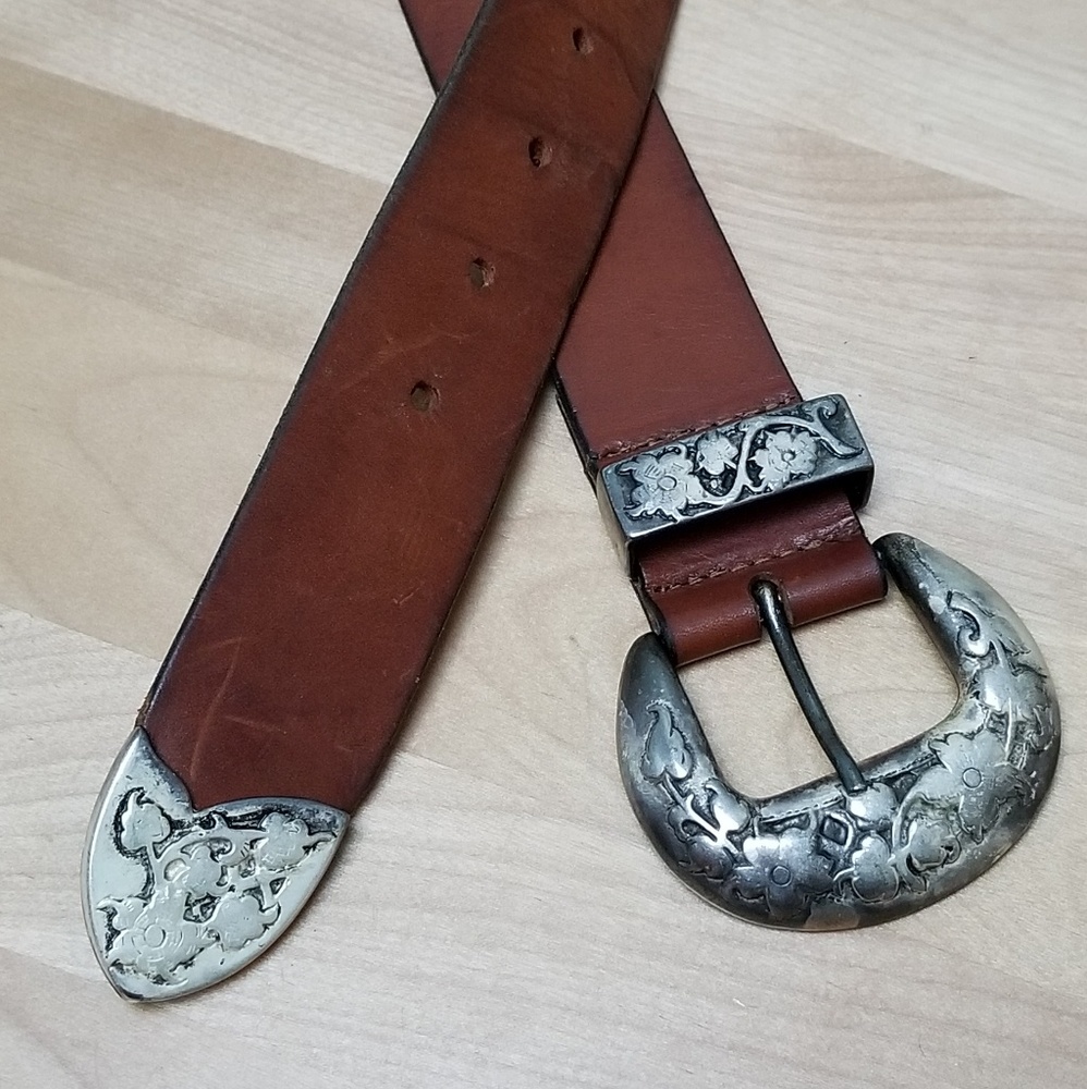 Brown Leather Western Belt with Silver Floral Buckle - Picture 3 of 4